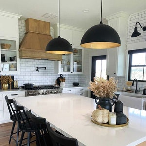 Dome Pendant Light Black with Brass or White Inlay, Large Black Bowl Pendant Light Lamp, Kitchen Island Farmhouse Hanging Light, Melrose