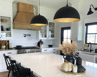 Dome Pendant Light Black with Brass or White Inlay, Large Black Bowl Pendant Light Lamp, Kitchen Island Farmhouse Hanging Light Fixture