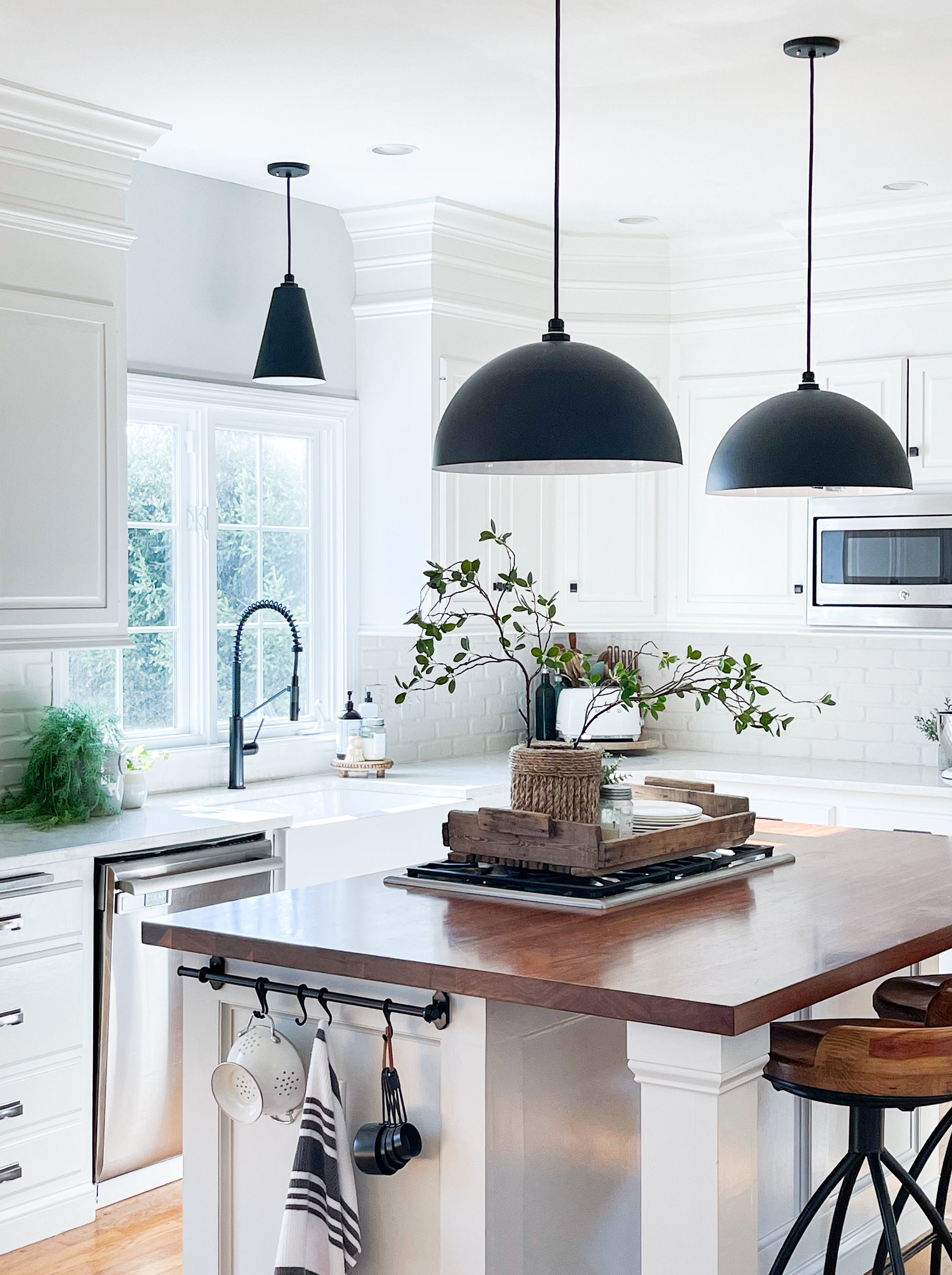 Dome Pendant Light Black With Brass or White Inlay, Large Black Bowl  Pendant Light Lamp, Kitchen Island Farmhouse Hanging Light, Melrose 