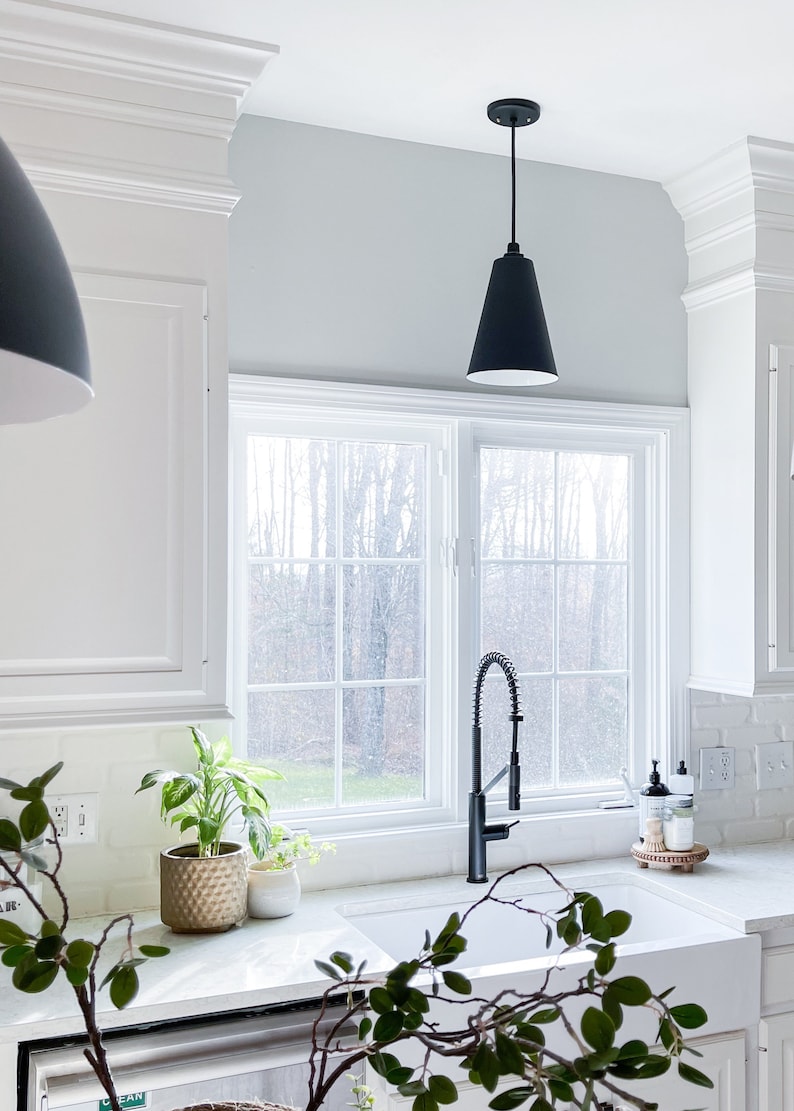 May include: A white kitchen sink with a black faucet and a black pendant light hanging above. There are two potted plants on the counter and a window with a view of trees outside.