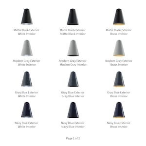 May include: Nine different lampshades with various exterior and interior colors. The lampshades are all cone-shaped and have a matte finish. The colors include matte black, modern gray, gray blue, and navy blue. The interior colors include white and brass.