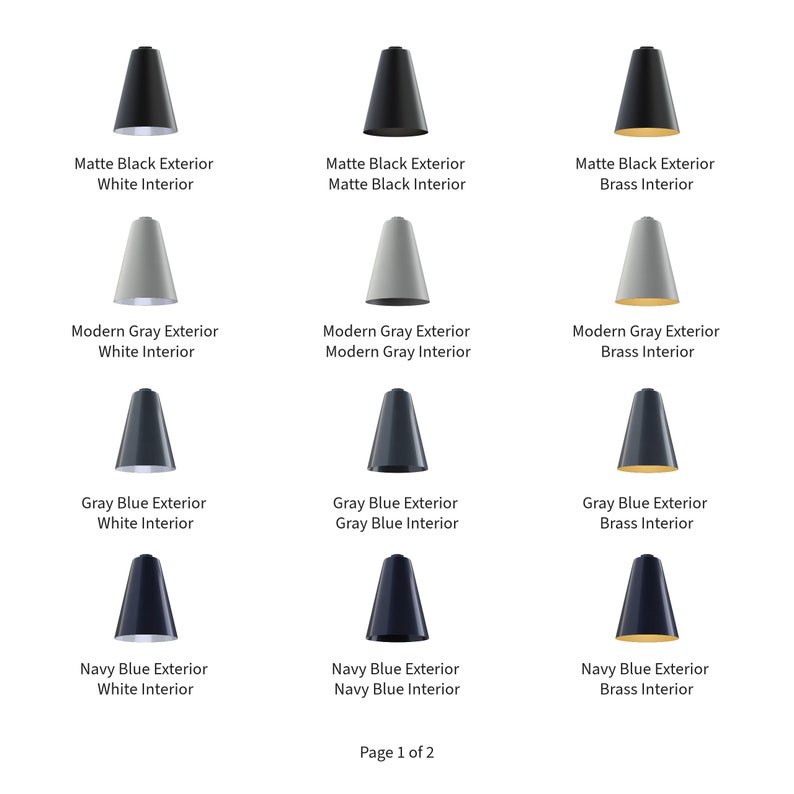 May include: Nine different lampshades with various exterior and interior colors. The lampshades are all cone-shaped and have a matte finish. The colors include matte black, modern gray, gray blue, and navy blue. The interior colors include white and brass.