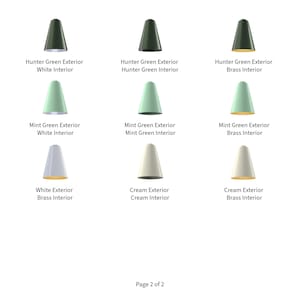 May include: Nine different lampshades with various exterior and interior colors. The lampshades are hunter green, mint green, white, and cream. The interior colors are white, hunter green, brass, and cream.