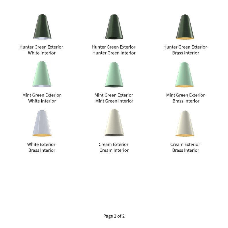 May include: Nine different lampshades with various exterior and interior colors. The lampshades are hunter green, mint green, white, and cream. The interior colors are white, hunter green, brass, and cream.