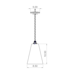May include: A white cone-shaped pendant light fixture with a 5.00 inch diameter canopy and a 10.50 inch height. The fixture has a 8.50 inch diameter base.