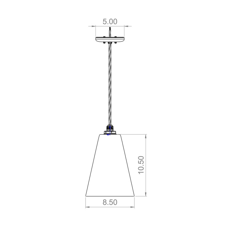 May include: A white cone-shaped pendant light fixture with a 5.00 inch diameter canopy and a 10.50 inch height. The fixture has a 8.50 inch diameter base.
