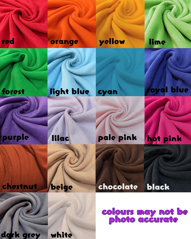 Pu&ograve; includere: Una cartella colori che mostra 16 colori diversi di tessuto in pile. I colori sono rosso, arancione, giallo, lime, verde bosco, azzurro, ciano, blu reale, viola, lilla, rosa pallido, rosa acceso, castano, beige, cioccolato, nero, grigio scuro e bianco. Il testo "i colori potrebbero non essere accurati nella foto" &egrave; in fondo alla cartella.