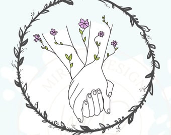 May include: A black and white illustration of two hands holding each other, surrounded by a wreath of leaves and flowers. The text "Mr & Mrs Quinn" and "25 July 2019" is below the wreath.