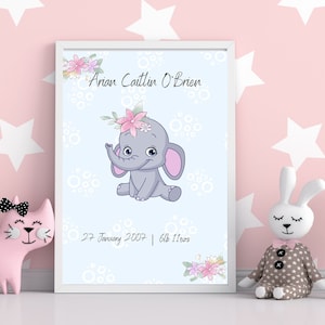 Elephant Birth Details Print, New Baby, Christening Gift, Baptism Gift, New Baby Gift, personalised, personalized