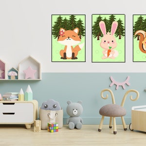Set of 3 Prints, Woodland Animals Theme Nursery Wall Art , Baby&#39;s Room Wall Art, Kid&#39;s Room Wall Art, Nursery Decor