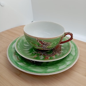 Vintage Japanese Wingo Rare Hand Painted Flying Dragon Green Cup and Saucer Trio Set, Lithophane Geisha Lovely Birthday Present or Gift