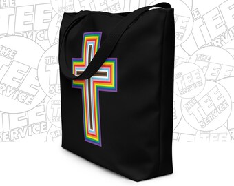 LGBTQ Pride Cross Tote, LGBT Cross Tote, Gay Christian, LGBT Religious, Love Is Love, Symbols of Pride by The Tee Service