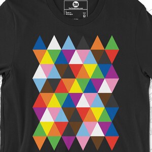 May include: Black t-shirt with a geometric pattern of colorful triangles.