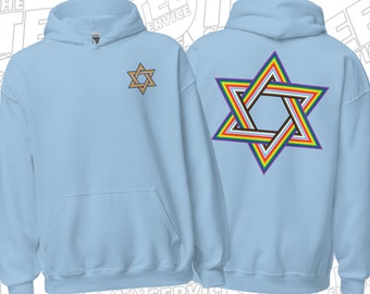 LGBTQ Pride Rainbow Jewish Star of David Hoodie Gay Lesbian Bi Trans Queer Jew LGBT Religious Queer Youth of Faith Beloved Arise