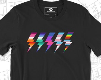 LGBTQ and Ally Rainbow Lightning Bolts Pride T-Shirt Representing 5 LGBT Pride Flags Gay Lesbian Bi Trans Queer Love Is Love Say Gay