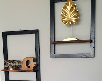 Träramset med 2 hyllor, Väggramshållare, Dekorativa trähyllor, Rustika hyllor, Tavelramsdekoration, Flytande växthållare