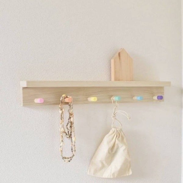 Baby Room Coat Rack and Shelf, Kids Room Storage, Wood Wall Shelf, Wooden Hanger, Clothes Rack, Nursery Hanger, Wall Hooks, Shelf with Hooks