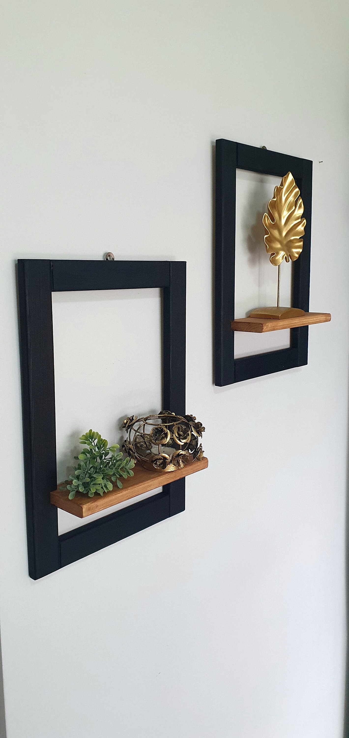 Set of 2 Wood Wall Shelves Cast in Rectangular Black Metal Frames, 2 ft