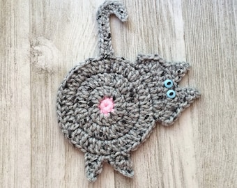 Gray Tabby Cat Butt Coaster,  Crochet Cat Lover Gift, Handmade Gift for Mom