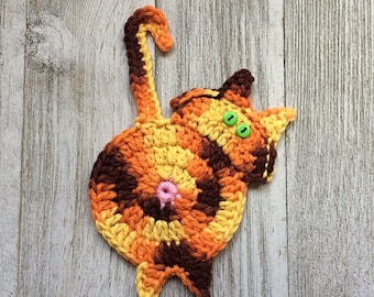 Cat Butt Coaster, Orange Calico Crochet Kitty Coaster, Handmade Cat Mom Gift