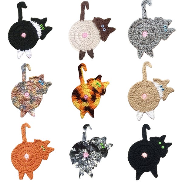 Crochet Cat Butt Coaster, Cat Lady, Pet Sitter, Cat Mom, Teacher, Birthday Gift, Made in USA