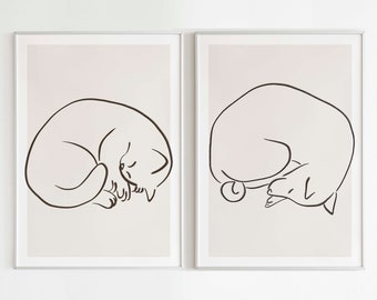 Sleeping cat and dog printable wall art, cat Line art, dog line art cat mom gift, black and white wall art, minimalist cat line art