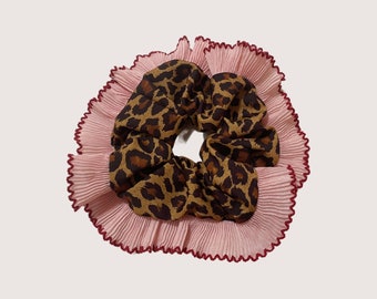 Leopard Frill Scrunchie, Pink and Red Pleated Trim, 17cm, Ruffle Trim Scrunchie, XL Scrunchie