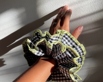 Big Gingham Scrunchies, French Lace Frill, Oversized Gingham Checked Scrunchie, XXL Large Hair Tie, Plaid Handmade Double Layered