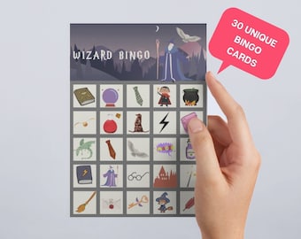 ウィザードビンゴカード | 印刷可能なウィザードパーティーゲーム | 30枚のユニークなビンゴカード | キッズパーティービンゴゲーム | 印刷可能なキッズゲーム | アカデミーオブマジック