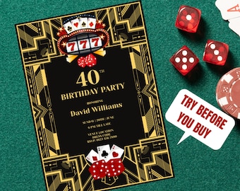 カジノ パーティー招待状 | 編集および印刷可能な招待状 | 即時ダウンロード | ジェームズ ボンド パーティー | カジノ ロイヤル | ラスベガスの誕生日パーティー