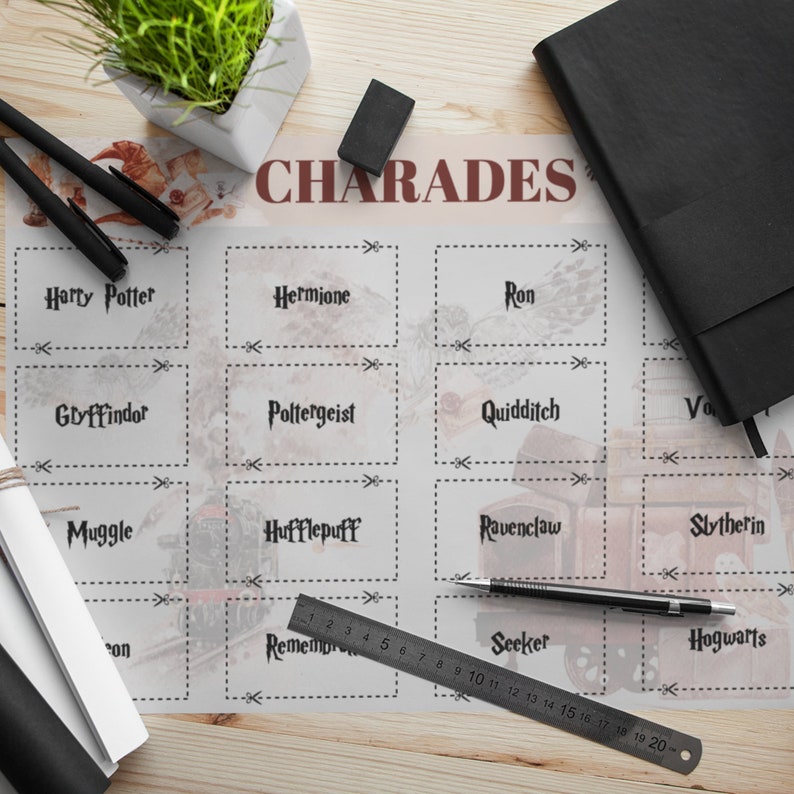 Harry potter birthday party, harry potter games, harry potter kids party ideas. Printable Harry Potter themed birthday printabtle family games, family games, pritnable charades, Harry potter charades, printable kids games, birthday kids games.