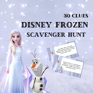 May include: A Disney Frozen Scavenger Hunt game with 30 clues. The image features Elsa and Olaf, with two clue cards. The text on the cards reads: "The first hint awaits where dreams ignite..." and "Elsa's magic..."