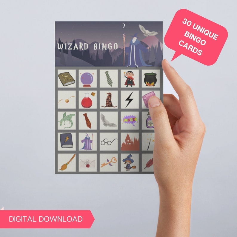 May include: A gray bingo card with wizard-themed illustrations, including a cauldron, lightning bolt, and wizard. The text "WIZARD BINGO" is at the top, with a speech bubble stating "30 UNIQUE BINGO CARDS". The words "DIGITAL DOWNLOAD" are at the bottom.