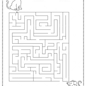 May include: Black and white line drawing of a maze with a cat at the top and a rat at the bottom. The text "Help cat to catch the rat" is at the top of the maze.