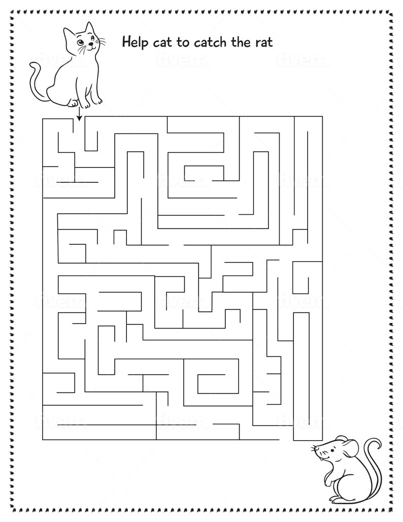 May include: Black and white line drawing of a maze with a cat at the top and a rat at the bottom. The text "Help cat to catch the rat" is at the top of the maze.