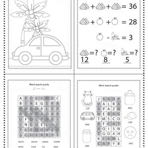 May include: A black and white worksheet with four sections. The top left section shows a car with a palm tree on top. The top right section has a math problem with watermelons, oranges, and bananas. The bottom left section is a word search puzzle with the words "fruits, melon, lemon, cherry, apple, plum, fig, pear, mango, lime, orange, kiwi, apricot". The bottom right section is a word search puzzle with the words "cat, van, jam, pan, bag, cap, sad, bat".