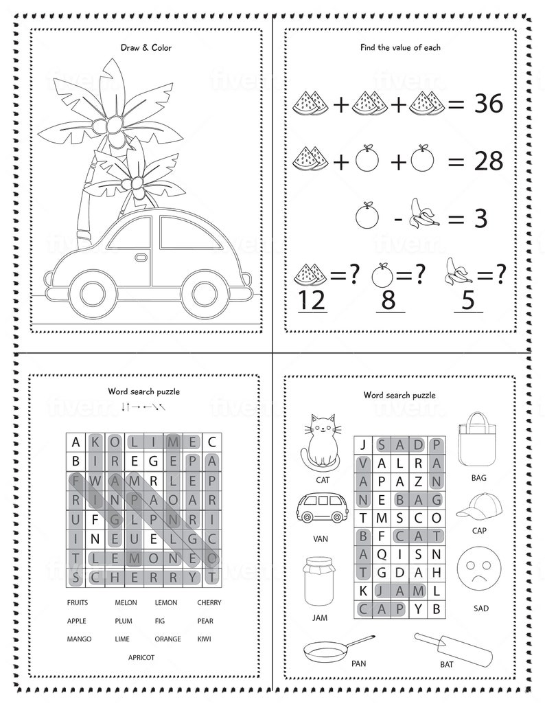 May include: A black and white worksheet with four sections. The top left section shows a car with a palm tree on top. The top right section has a math problem with watermelons, oranges, and bananas. The bottom left section is a word search puzzle with the words "fruits, melon, lemon, cherry, apple, plum, fig, pear, mango, lime, orange, kiwi, apricot". The bottom right section is a word search puzzle with the words "cat, van, jam, pan, bag, cap, sad, bat".