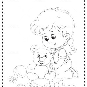 May include: A black and white line drawing of a girl playing with a teddy bear. The girl is holding the teddy bear in her arms and smiling. There are other toys scattered around them, including a ball, a rattle, and a flower.