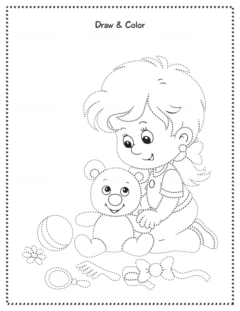 May include: A black and white line drawing of a girl playing with a teddy bear. The girl is holding the teddy bear in her arms and smiling. There are other toys scattered around them, including a ball, a rattle, and a flower.