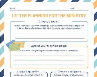 May include: A printable worksheet with a blue, white, and orange striped background. The worksheet is titled "Letter Planning for the Ministry". It includes sections for choosing a topic, identifying a teaching point, creating a question, choosing a scripture, and explaining the scripture.