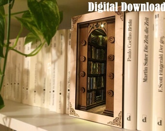 May include: A digital download for a laser cut bookshelf door design. The door is made of wood and has a decorative frame. The door opens to reveal a bookshelf filled with books.