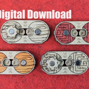 May include: Four wooden double-sided tokens with different designs and numbers. The tokens are brown, orange, red, and beige with black and white details. The numbers on the tokens are 483, 49, 33, and 176.
