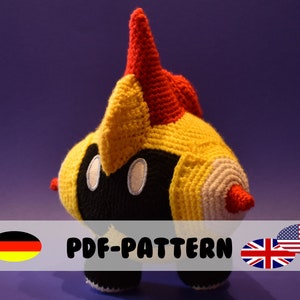 Peut inclure: Patron de crochet pour un jouet amigurumi jaune et noir avec une tête pointue rouge. Le patron est disponible en anglais et en allemand. PDF-PATTERN.