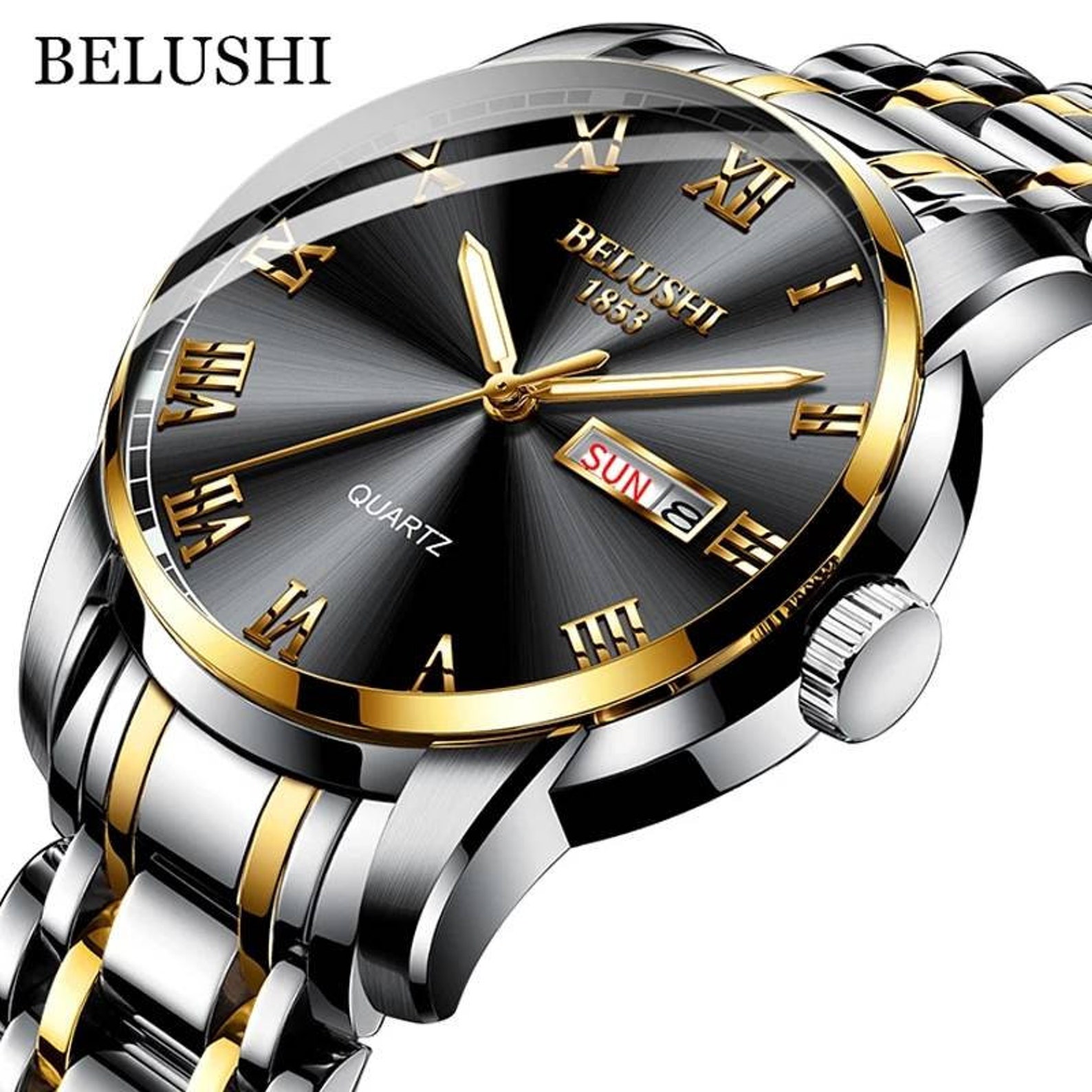 BELUSHI Top Brand Watch Men Stainless Steel Business Date Etsy