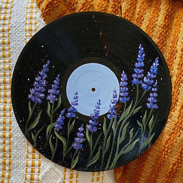 Lavender Flowers, Hand Painted Vinyl Record Art