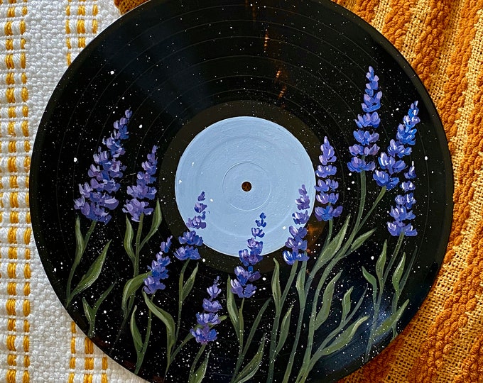 Lavender Flowers, Hand Painted Vinyl Record Art