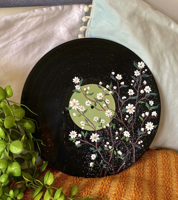 Sage Green with White Daisies, Hand Painted Vinyl Record Art