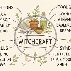 May include: An illustrated guide to witchcraft, featuring the word "WITCHCRAFT" in the center. Surrounding the word are illustrations of tools, symbols, and related concepts such as spells, healing, and traditions. A broom, cauldron, and pentacle are also shown.