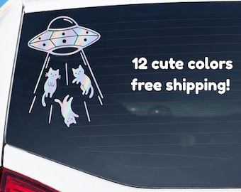 Holographic UFO Cat Abduction Vinyl Decal | Funny Space Cat Sticker