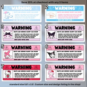 May include: A set of eight rectangular warning stickers with cartoon characters. Each sticker has a warning symbol and text about child safety in vehicles. The stickers are approximately 5.8 inches by 2.5 inches.